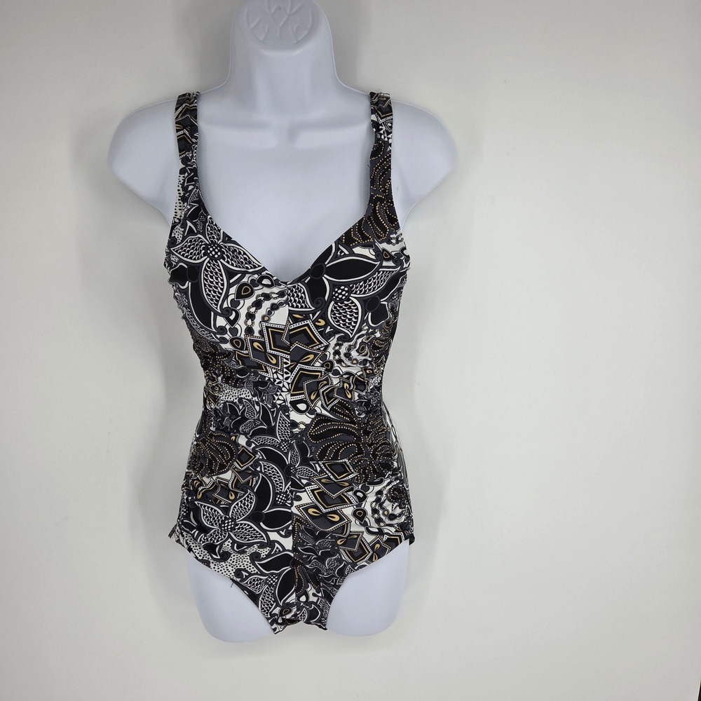 Maxine of Hollywood Womens Black Gold Geometric Ruched One Piece Swimsuit 10